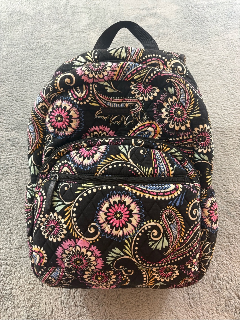 Vera Bradley Black Quilted Backpack with Pink, Yellow and Blue Floral Paisley